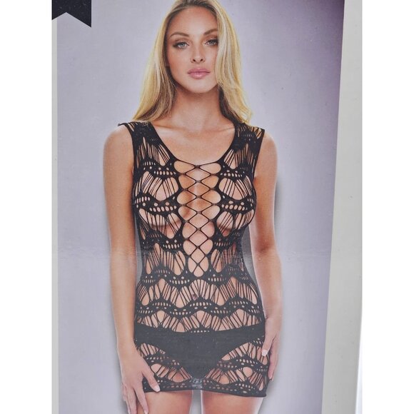 Baci Lingerie Women's One Size 2-14 Black Sheer Corset Front Lace Mini Dress - Picture 1 of 7